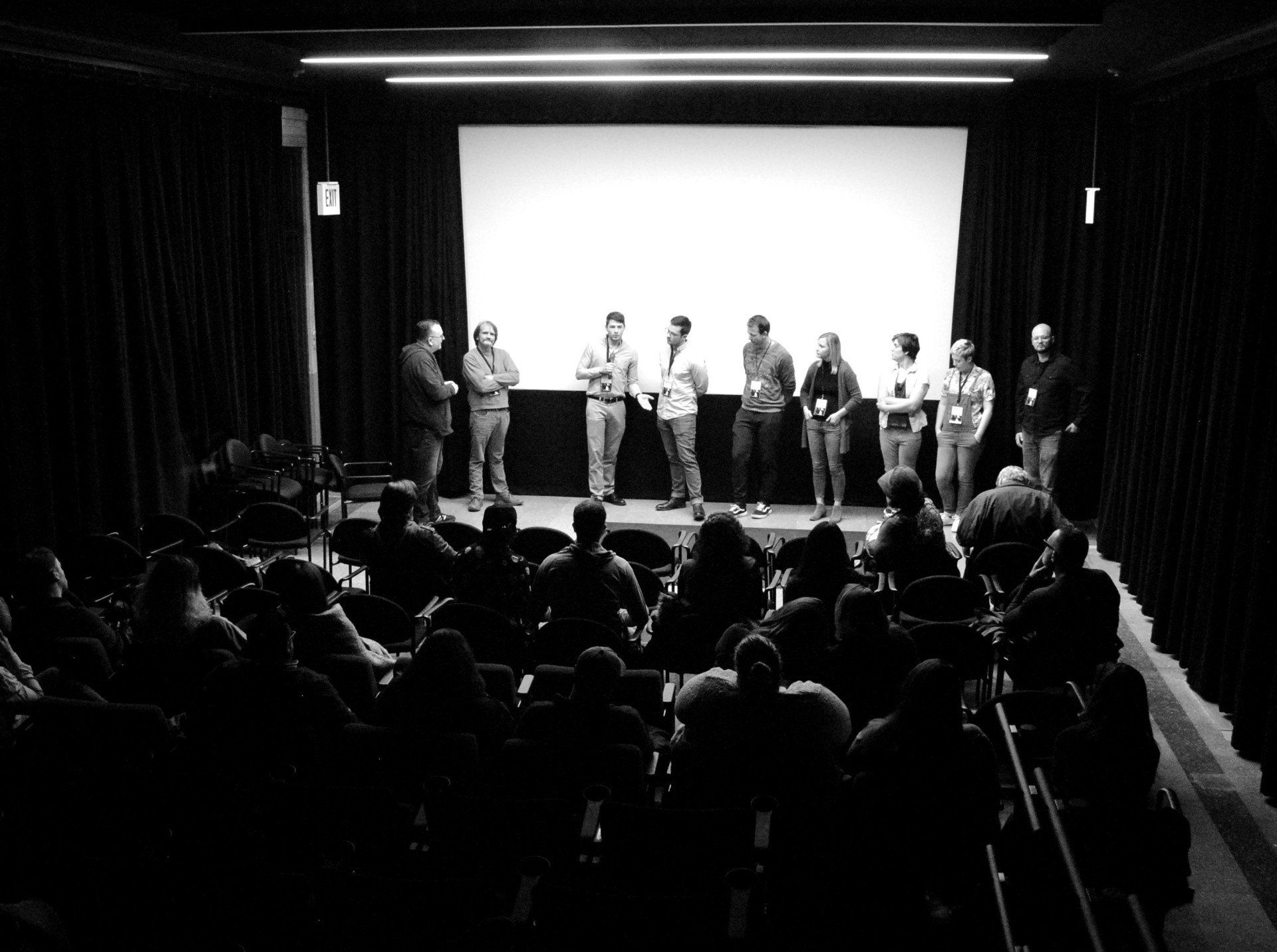 A theater audience watches a panel standing on a stage in front of a blank screen.