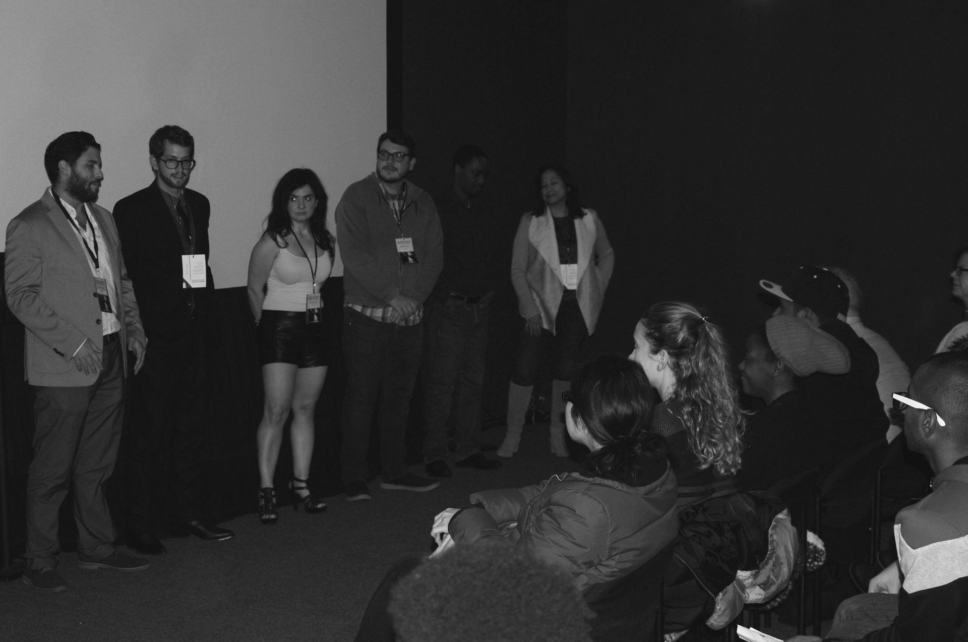 Panel of six people standing on stage with an audience in a dark theater.