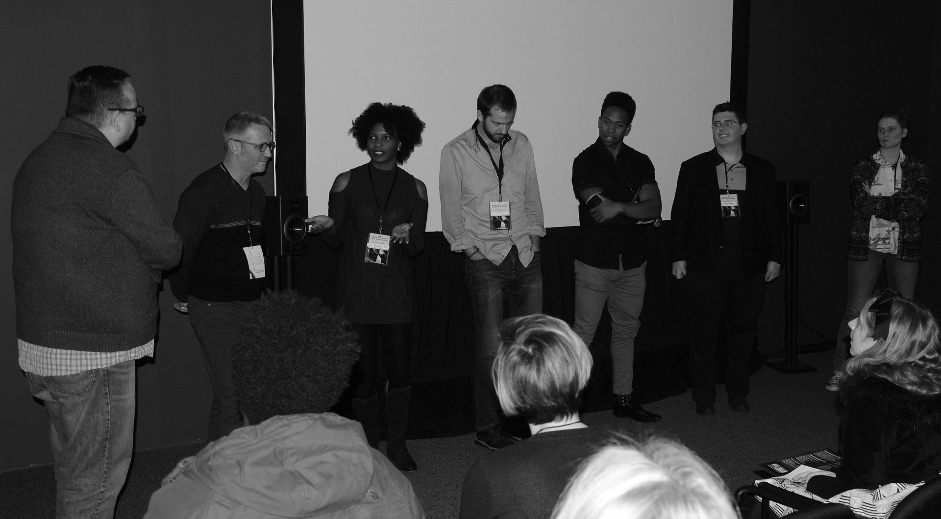 A panel of seven people standing in front of a screen, talking to an audience.