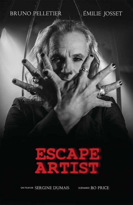 Black and white poster: A man with long hair and rings on his fingers shields his face. Title: Escape Artist.