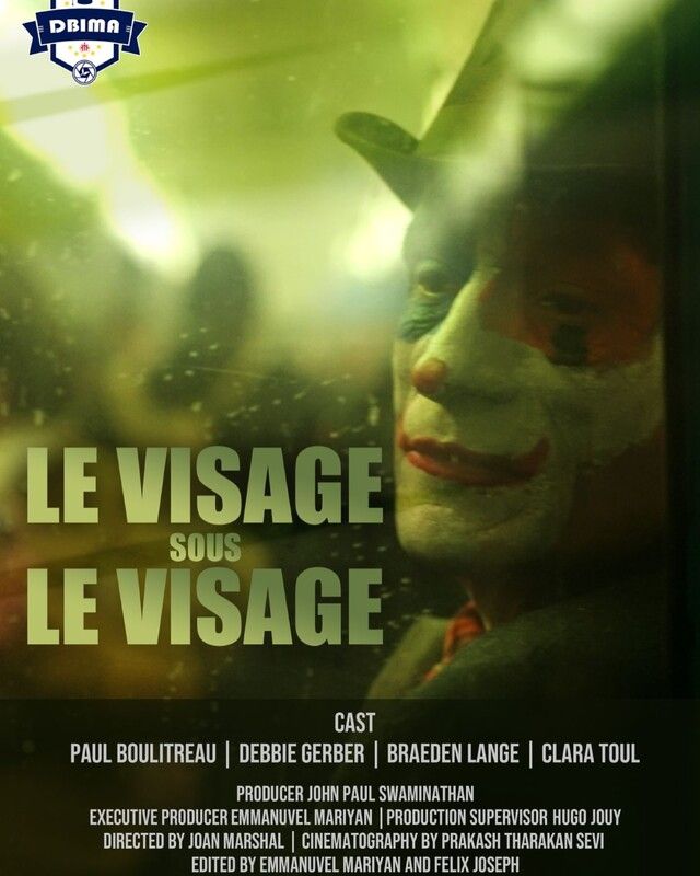 Movie poster: A person with clown makeup looks through a blurry window. Title: 