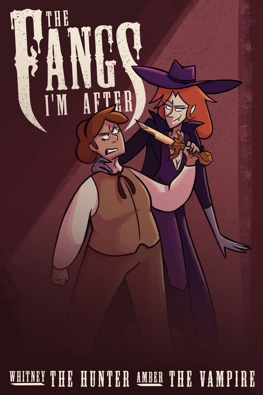 A vampire, Amber, threatens Whitney the hunter with a dagger. Brown and purple color scheme.