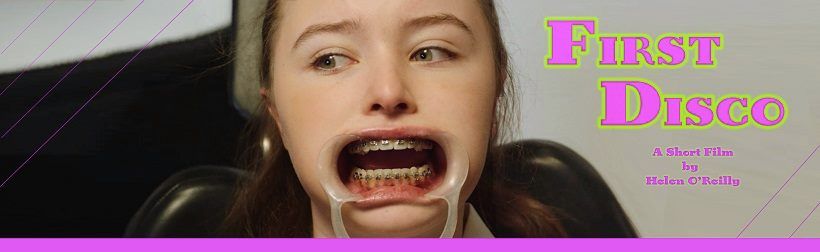 A woman with braces on her teeth is sitting in a chair with her mouth open.