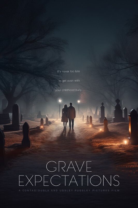 Couple walks through a foggy, moonlit cemetery, headstones lining the path.