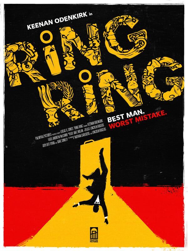 Poster for Ring Ring movie. A man falls from a doorway, black silhouette against yellow light; title in yellow/white.