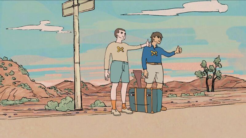 Two young men hitchhiking on a desert road, standing with a suitcase, holding out their thumbs.
