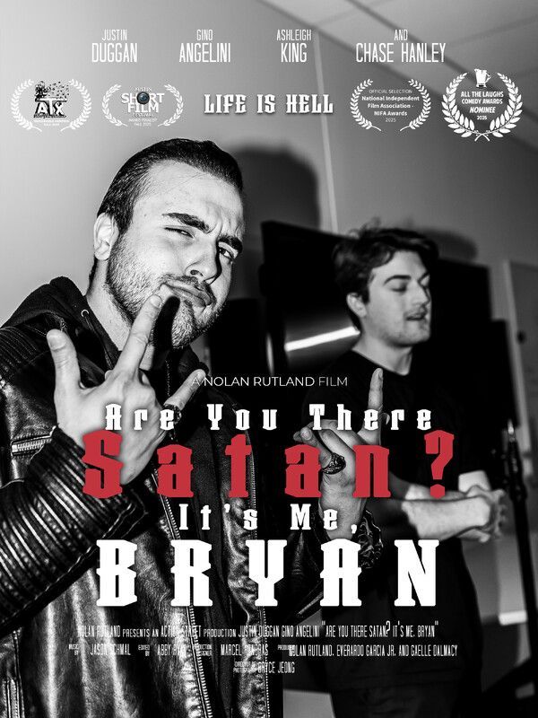 Movie poster: Two men in a black-and-white photo. The main focus is a man in a leather jacket with a cigarette in his mouth, flashing a hand gesture. The title reads, 