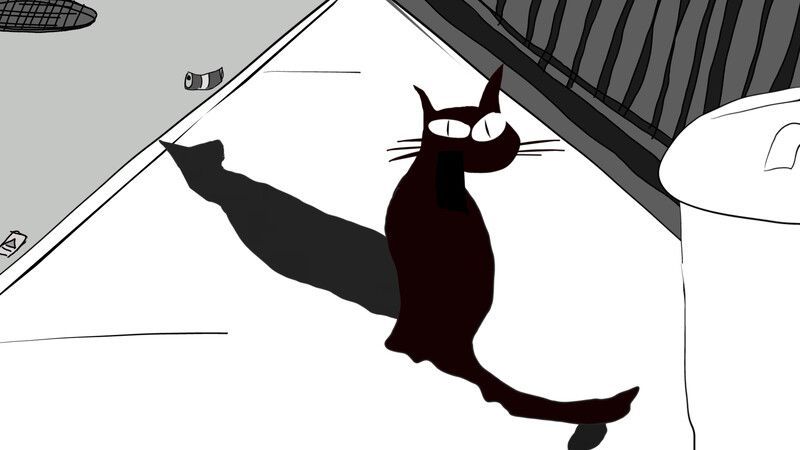 Black cat on a sidewalk, looking back with wide eyes, long shadow, monochromatic cityscape.