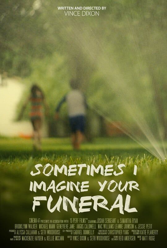 Two children run on a lawn toward a sprinkler. The title 