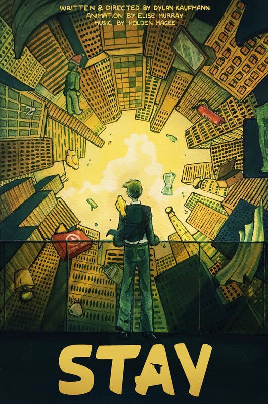 Poster of a person overlooking a cityscape with buildings resembling Lego bricks, titled 