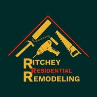 Logo for Ritchey Residential Remodeling featuring construction tools within a roof outline; text says