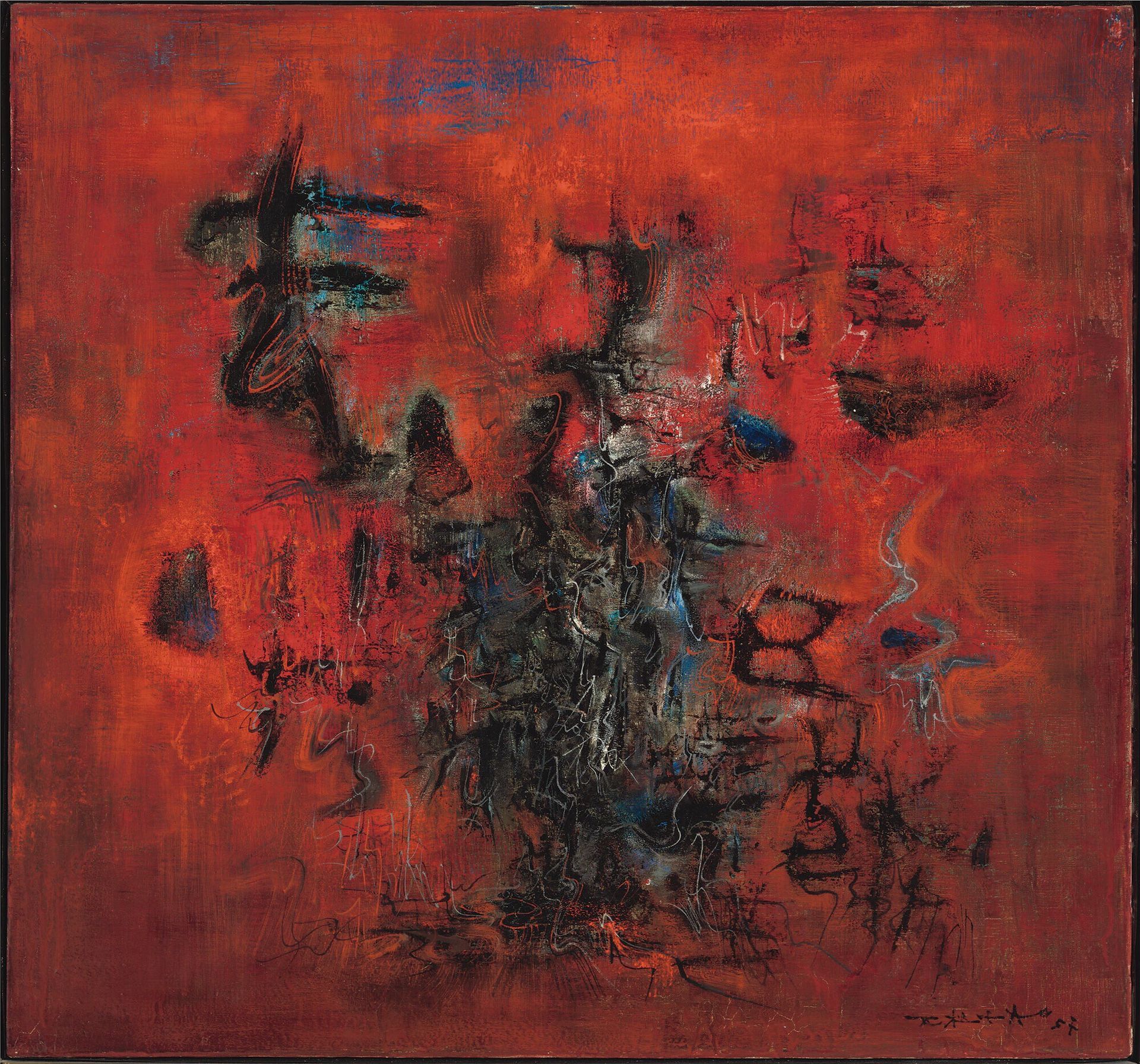Abstract painting with a fiery red background and dark, textured central forms.