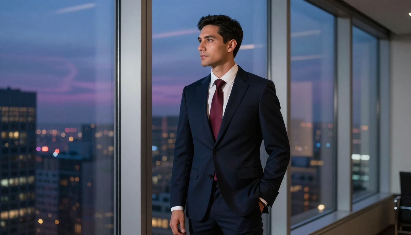 Empresario reflexionando en oficina moderna con vistas a la ciudad