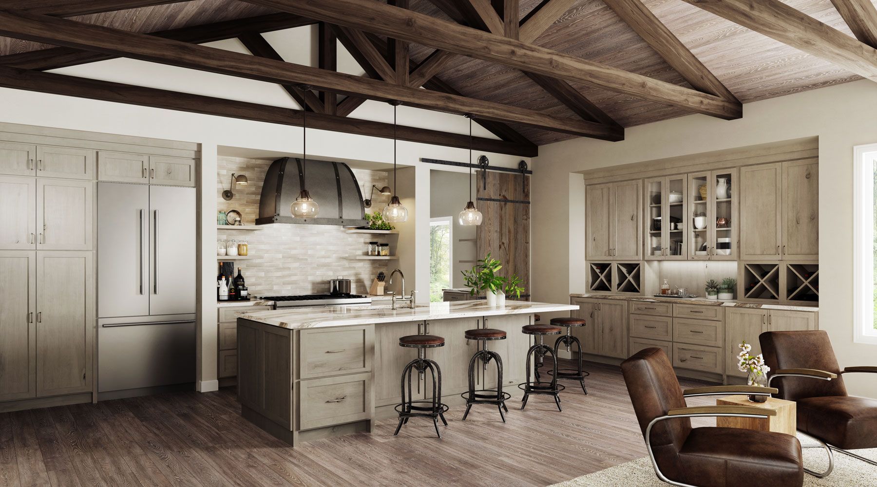 Spacious, rustic kitchen with wooden beams, island with stools, and modern appliances.