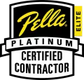 Pella Platinum Certified Contractor logo with black, white, and yellow colors.
