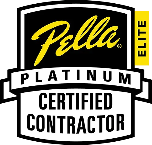Pella Platinum Certified Contractor logo with black, white, and yellow colors.
