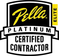 Pella Platinum Certified Contractor logo with black, white, and yellow colors.