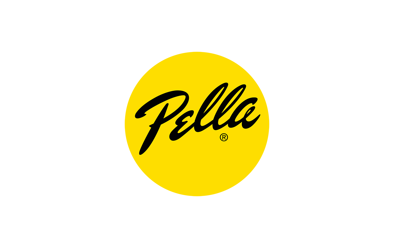 Yellow circle with black "Pella" logo.