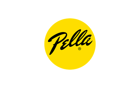 Yellow circle with black "Pella" logo.