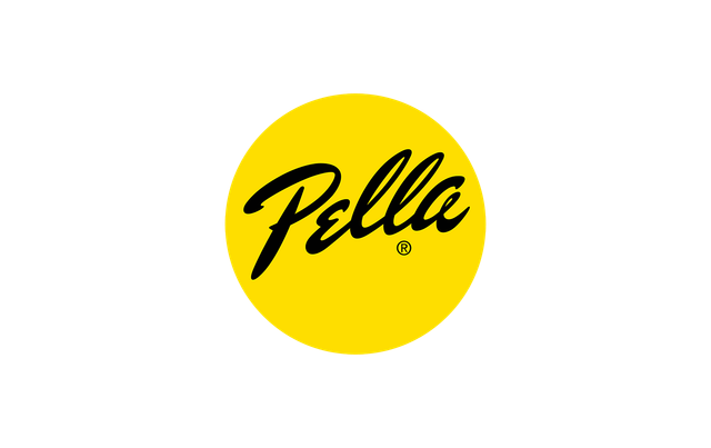 Yellow circle with black "Pella" logo.