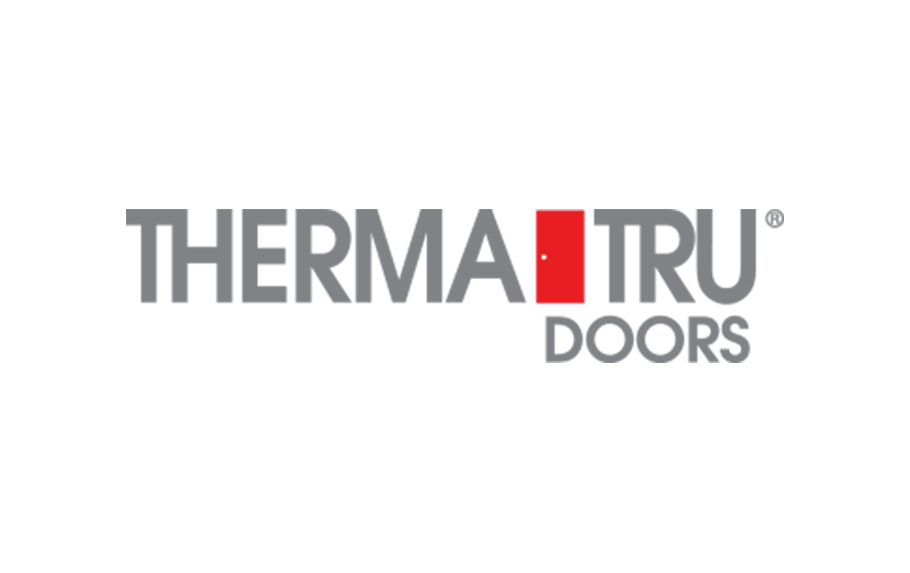 Therma-Tru Doors logo: gray text with a red door icon, and "DOORS" below.