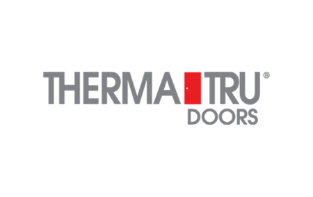 Therma-Tru Doors logo: gray text with a red door icon, and "DOORS" below.