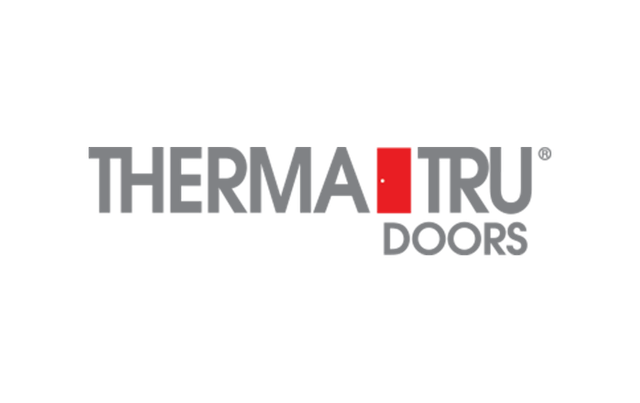 Therma-Tru Doors logo: gray text with a red door icon, and "DOORS" below.
