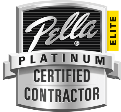 Pella Platinum Certified Contractor logo in silver and black with a yellow