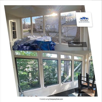 A before-and-after comparison of a home's interior, showing the difference in window installation work
