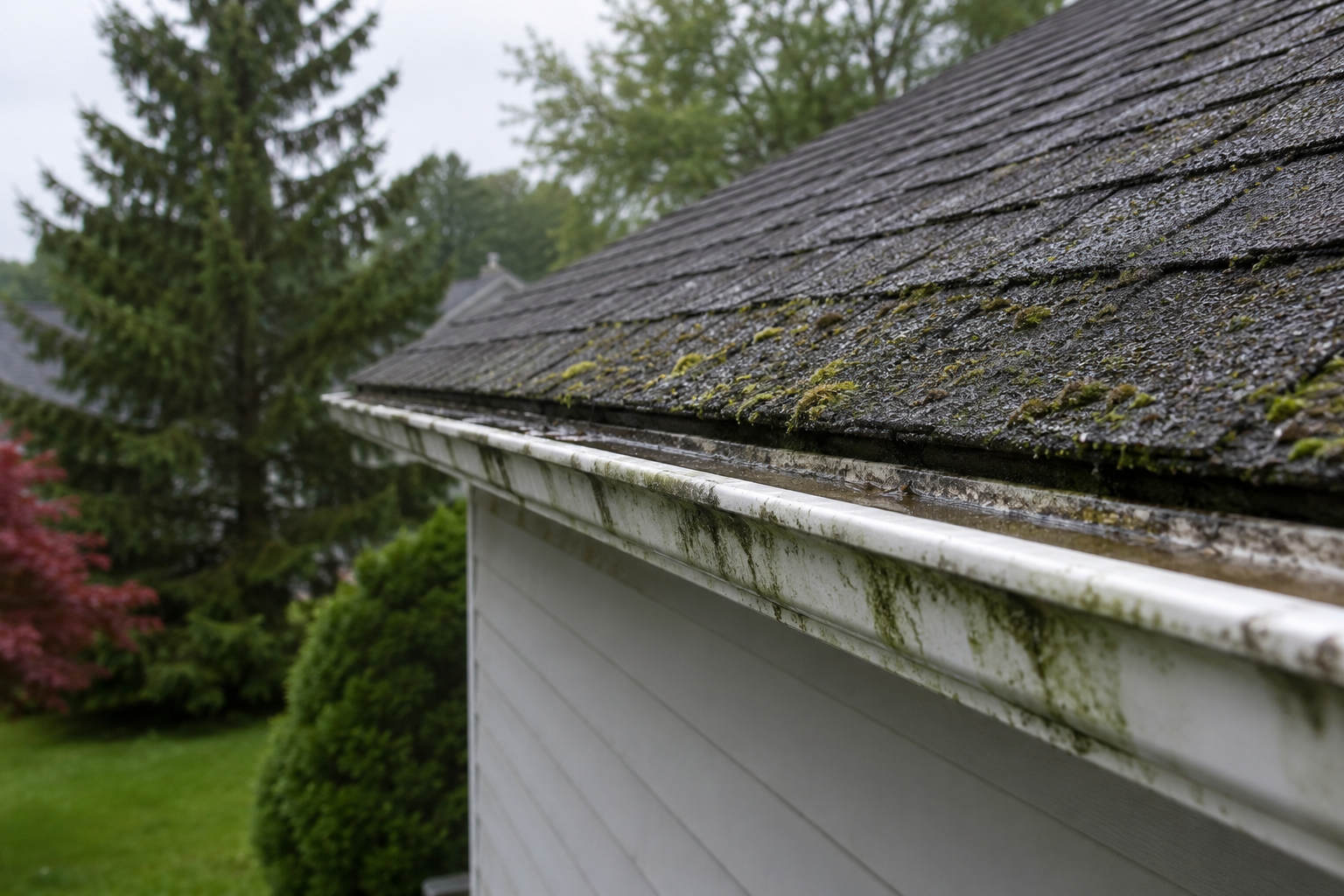 “Close-up view of a residential roof and gutter during a humid Michigan summer day, showing moisture buildup, moss growth on asphalt shingles, and water stains along the gutter system surrounded by suburban greenery.”