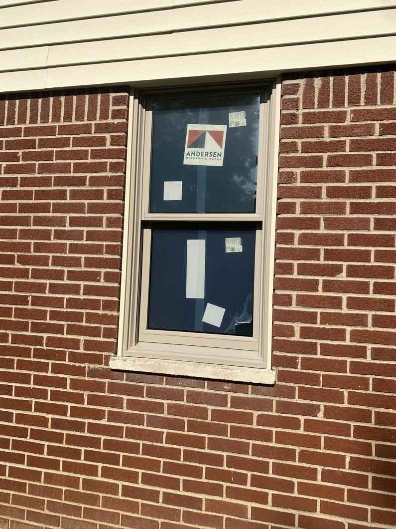 a window with stickers on it.