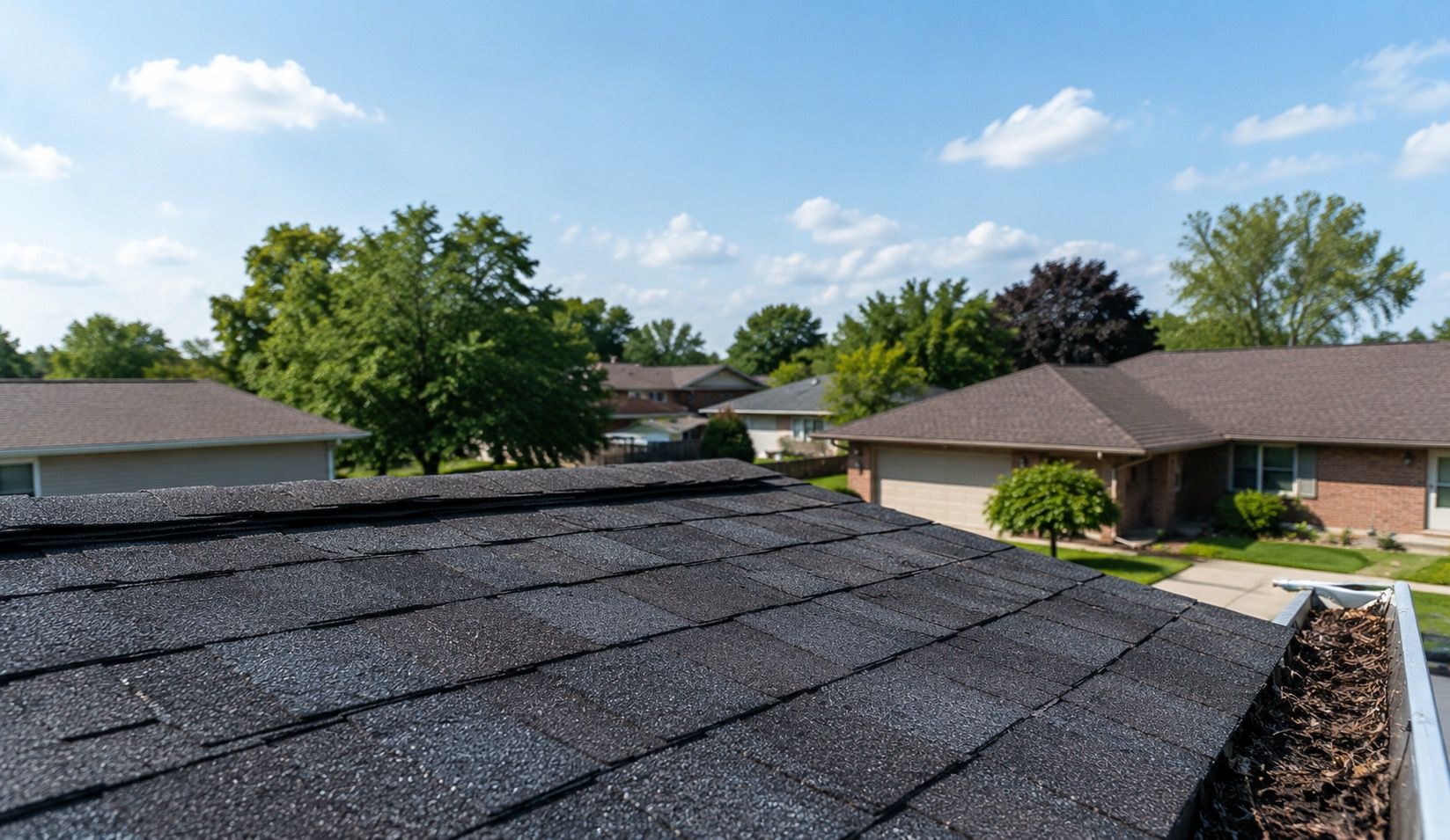 `Summer rooftop inspection in a suburban Michigan neighborhood with asphalt shingles, clear blue sky, and warm sunny weather`