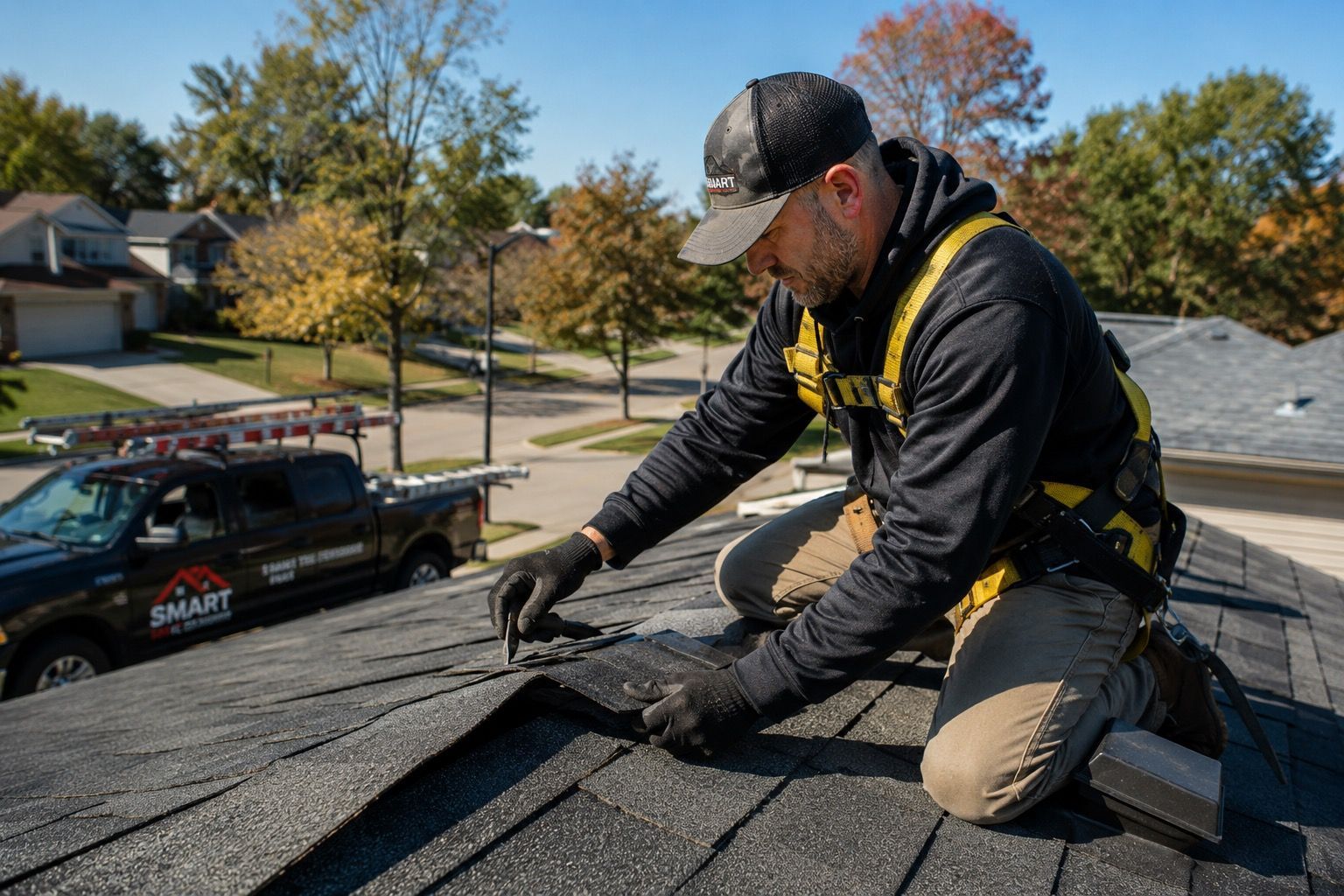 roof repair contractor replacing damaged asphalt shingles on residential home in Michigan during sum