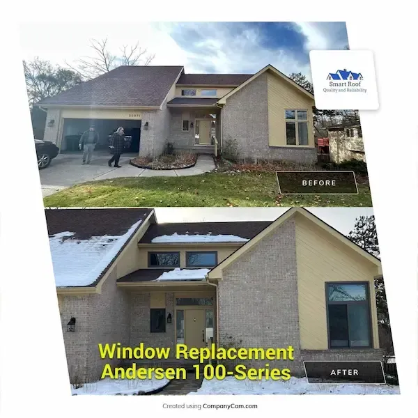 Before and after Andersen 100 Series window replacement installation in Warren MI home by Smart Roof contractors