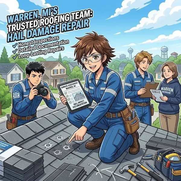 Roofing contractors inspecting hail damage on asphalt shingles in Warren, MI with documented roof assessment for insurance claim support