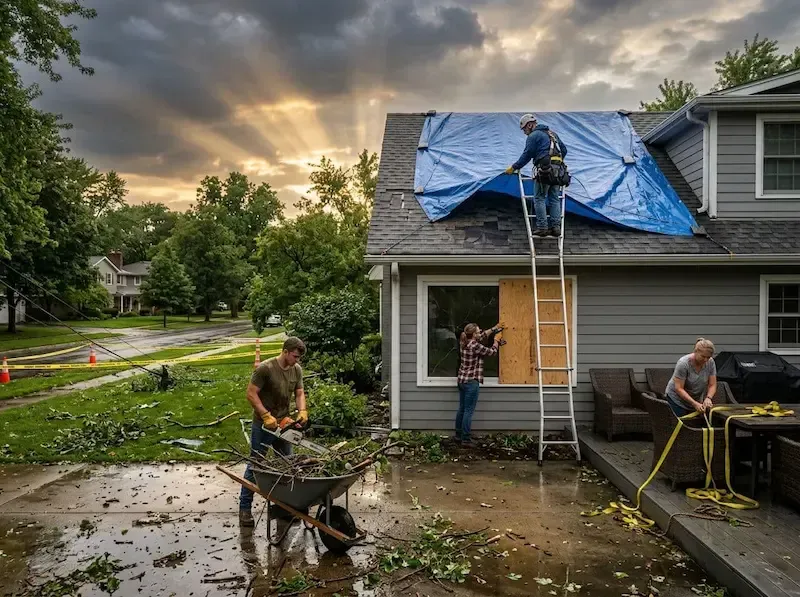 Emergency storm damage roof tarping in Warren MI to prevent leaks after wind and hail damage
