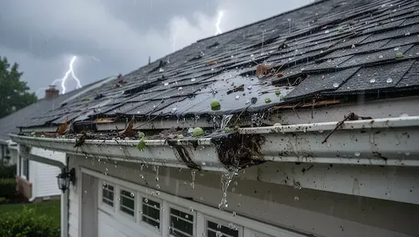 Clogged and storm-damaged gutters overflowing with debris during heavy rain in Warren MI