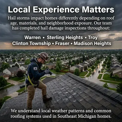 Roofing contractor inspecting hail damage on asphalt shingles in Warren, MI with service coverage across Sterling Heights, Troy, Clinton Township, Fraser, and Madison Heights