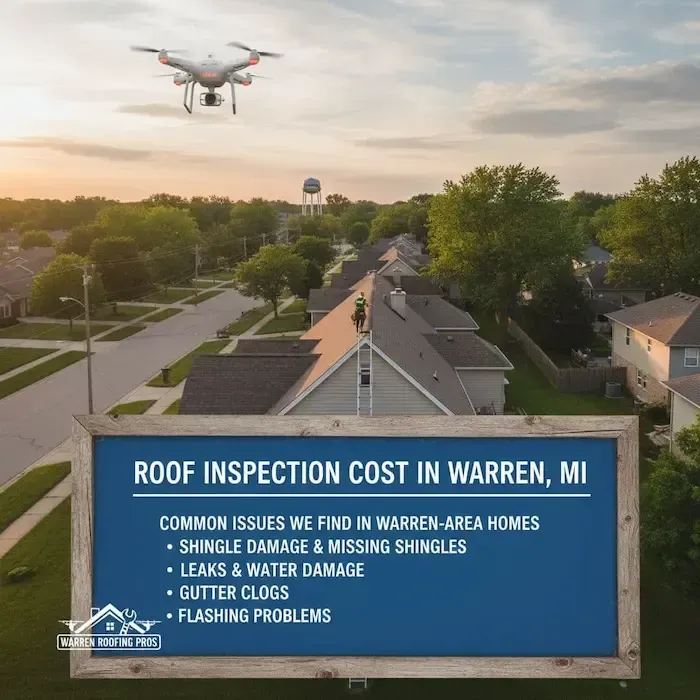Professional roof inspection using drone technology in Warren, Michigan neighborhood