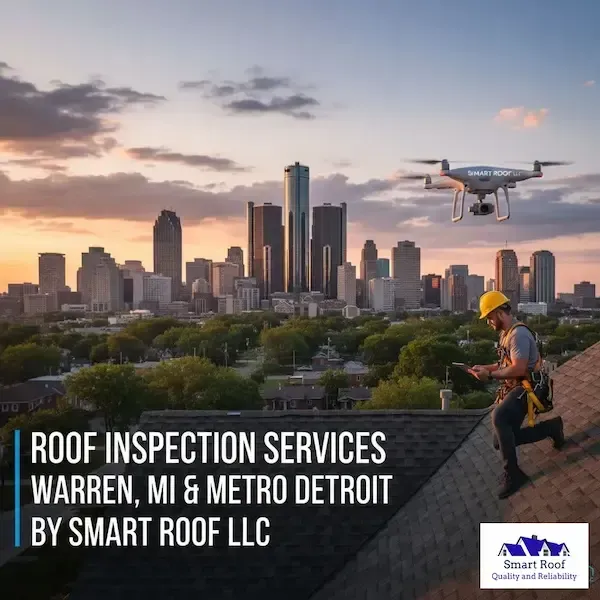 Professional roof inspection in Warren, Michigan with Smart Roof LLC inspector and drone