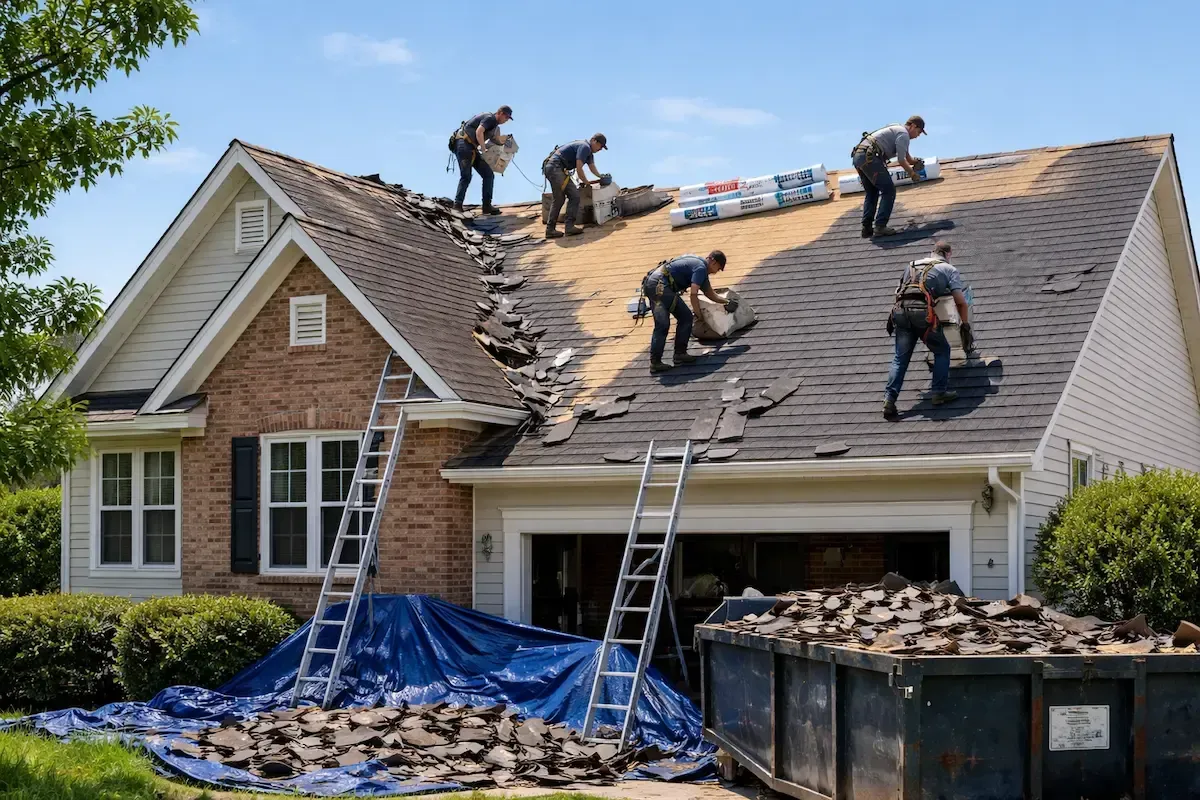 Roof replacement contractors installing shingles in Warren Michigan