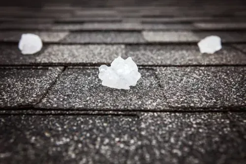 Three white hailstones on a dark, textured ground