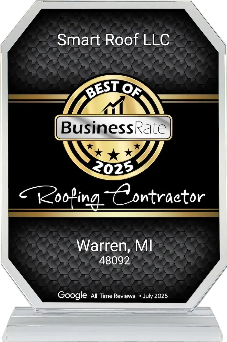 Smart Roof LLC Best Roofing Contractor award 2025 in Warren MI recognized by BusinessRate based on Google reviews