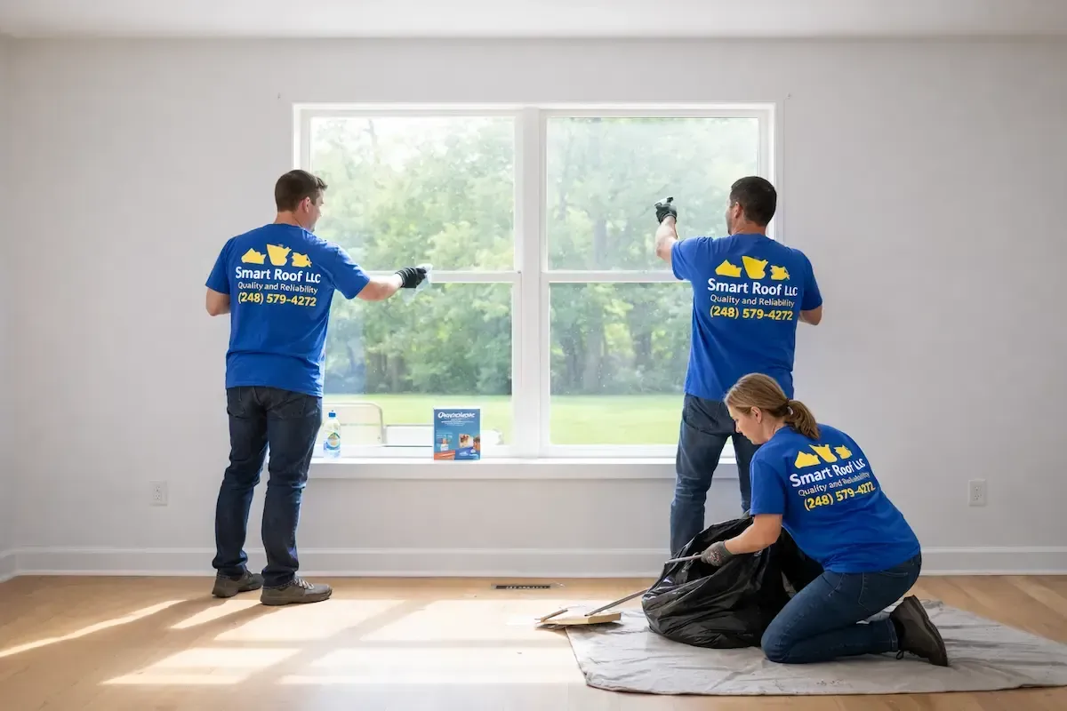 Smart Roof professionals perform final inspection and cleanup after installing energy-efficient Andersen replacement windows in Warren, Michigan