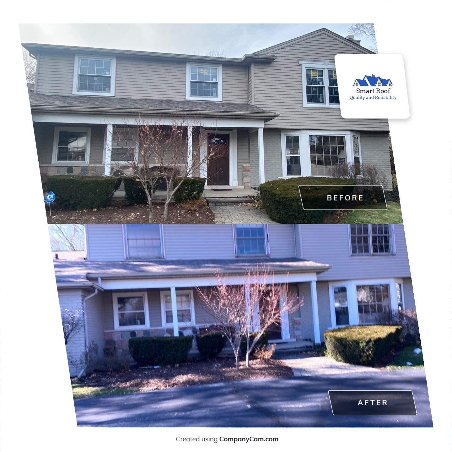 Storm roof damage before and after repair by Smart Roof LLC