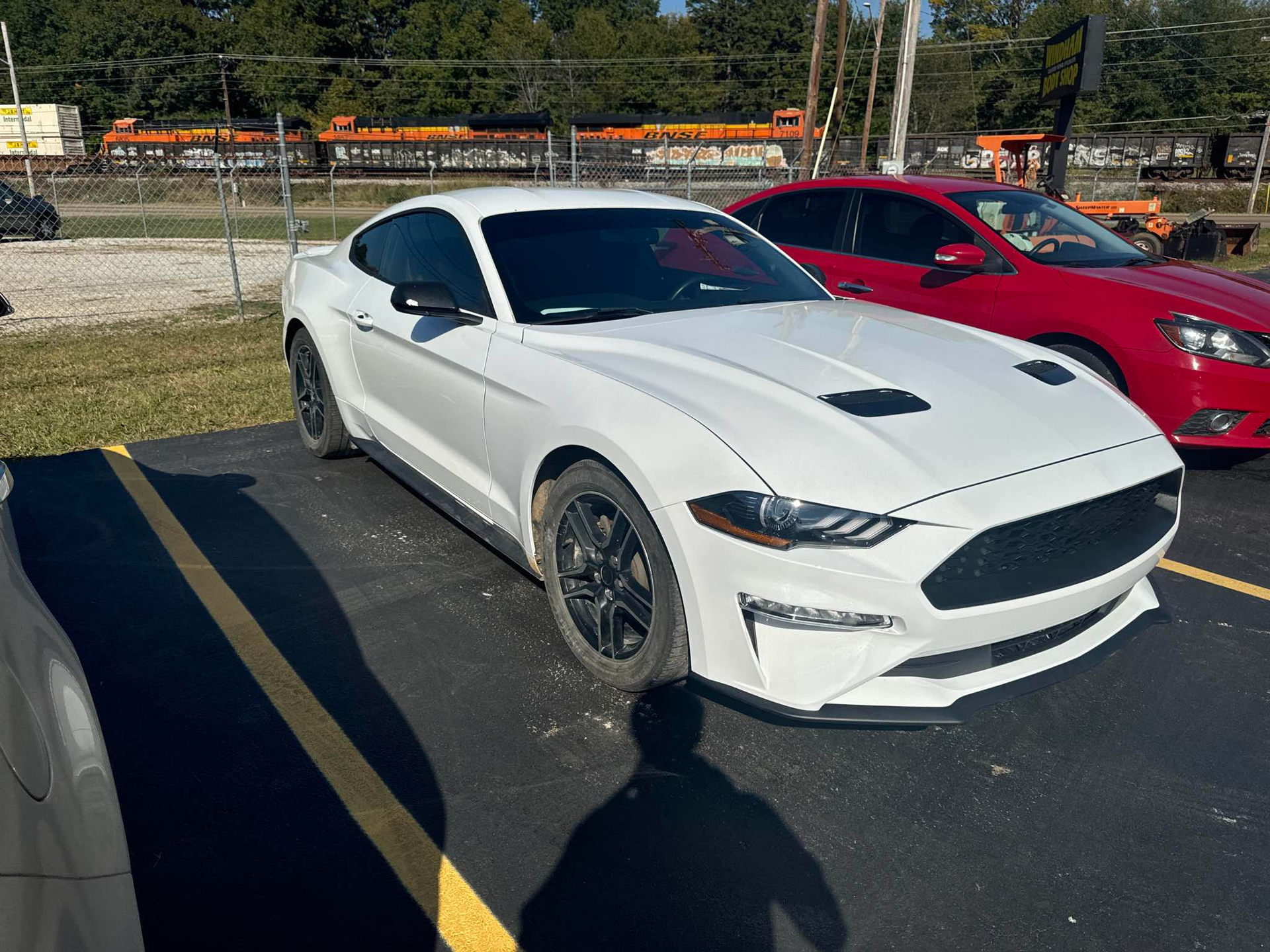 A white mustang is parked in a parking lot next to a red mustang.  | Windham Bodyshop
