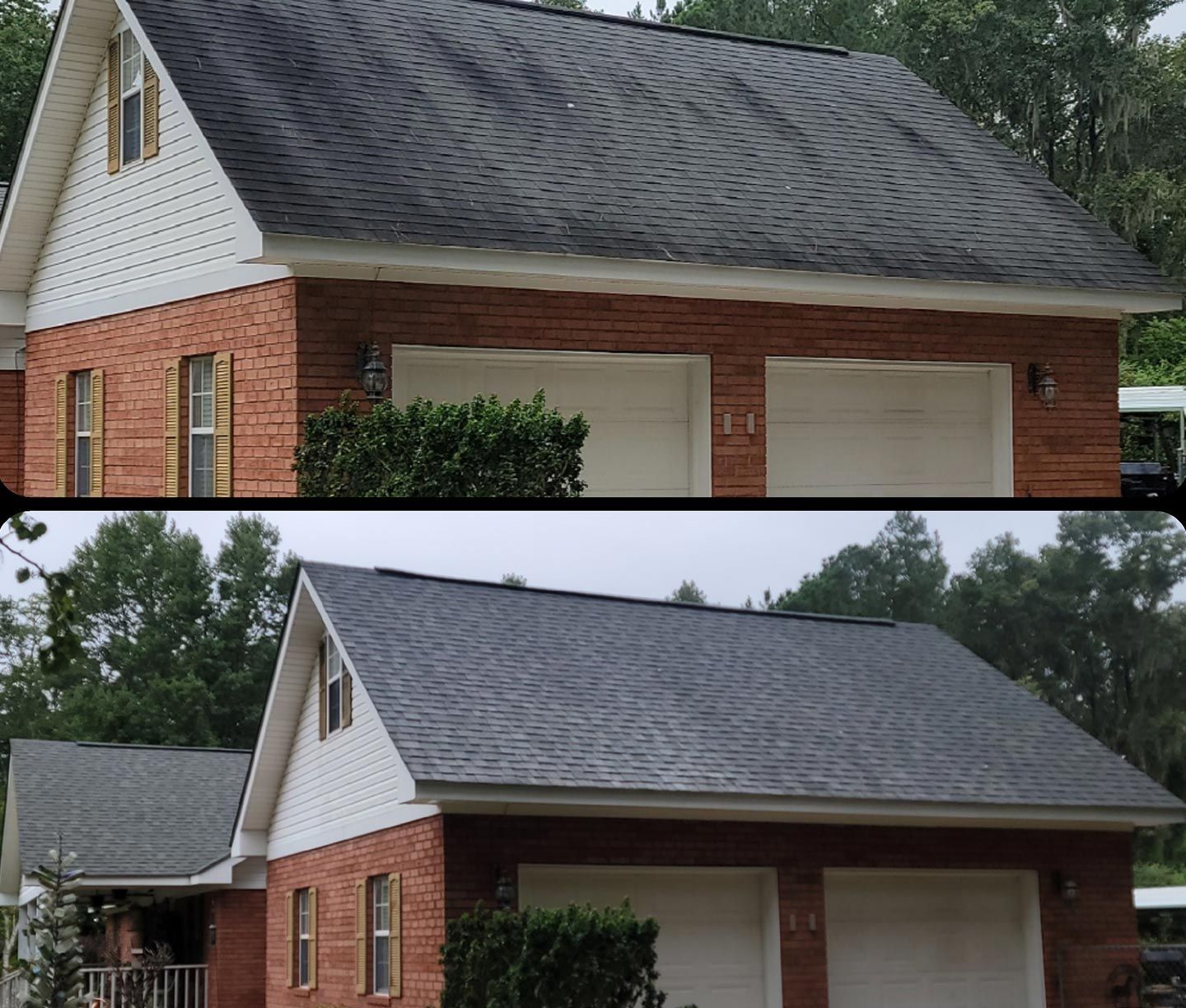 A before and after picture of a brick house with a black roof.