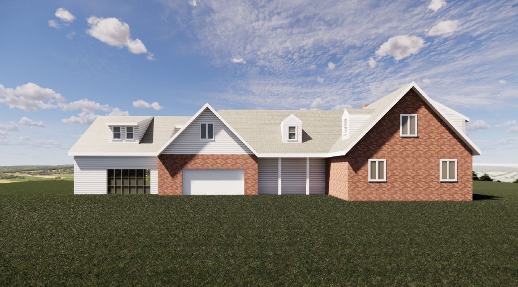 An artist 's impression of a brick house with a white roof and a garage.