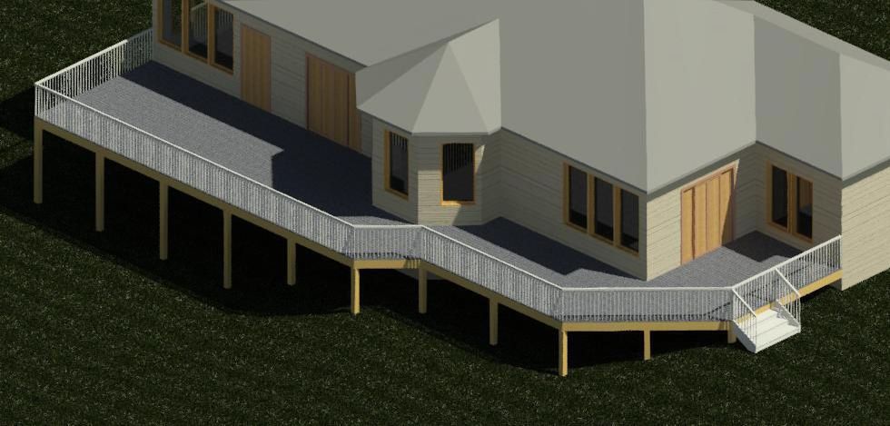 An isometric view of a house with a large deck