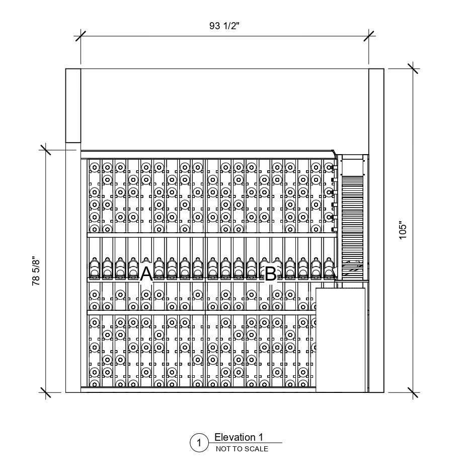 A black and white drawing of a wine cellar with measurements.